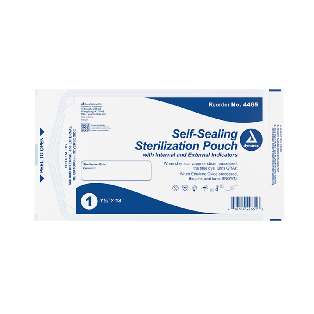 Dynarex Sterilization Pouches | Self-Sealing Instrument Pouches, 7.5 x 13", feature internal/external indicators, white with blue text/instructions, and reorder number 4465.